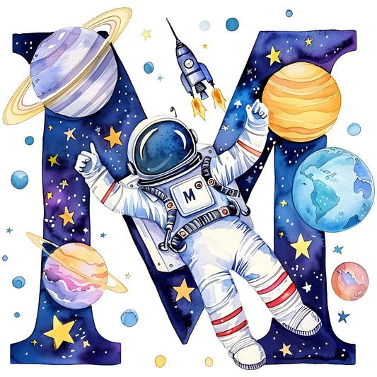 Space Alphabet Letter M Fabric Panel featuring an astronaut floating among planets, stars, and a rocket in space design.