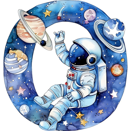 Space Alphabet Letter O Fabric Panel featuring an astronaut surrounded by planets and stars on premium quilting cotton.