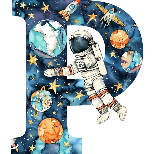 Space Alphabet Letter P Fabric Panel featuring astronaut and planets on deep blue space background printed on premium quilting cotton