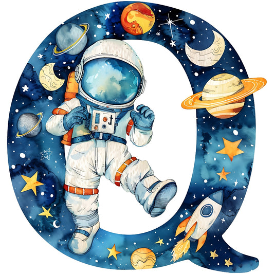 Space Alphabet Letter Q Fabric Panel featuring an astronaut and planets in a vibrant space-themed design