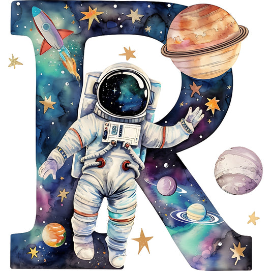 Space Alphabet Letter R Fabric Panel featuring an astronaut and planets on premium quilting cotton printed in the USA.