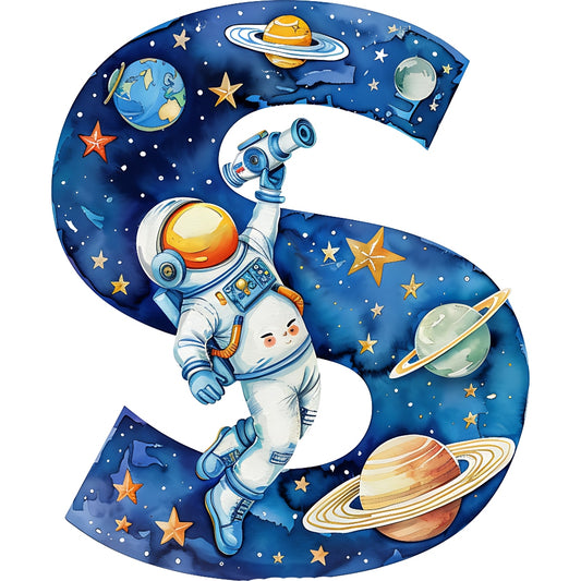 Space Alphabet Letter S Fabric Panel featuring an astronaut, planets, and stars in a deep blue space design.
