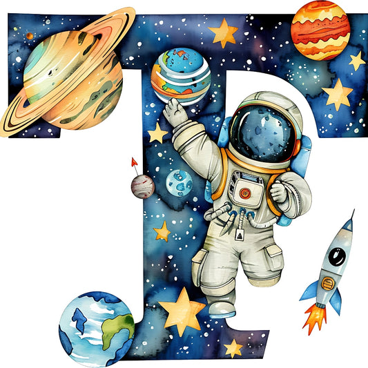 Space Alphabet Letter T Fabric Panel featuring astronaut, planets, stars, and rocket on dark starry background in premium quilting cotton.