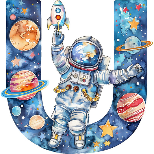 Space Alphabet Letter U Fabric Panel featuring an astronaut and planets in a vibrant space-themed design printed on premium cotton.