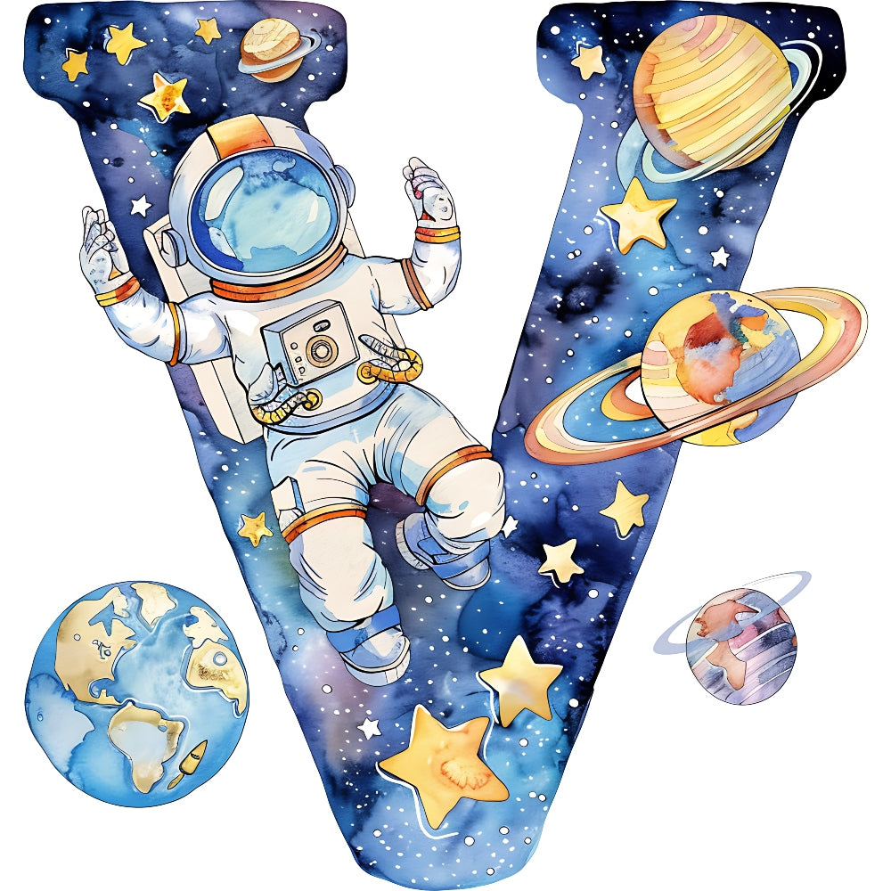 Space Alphabet Letter V Fabric Panel features an astronaut floating among stars and planets in a cosmic design.