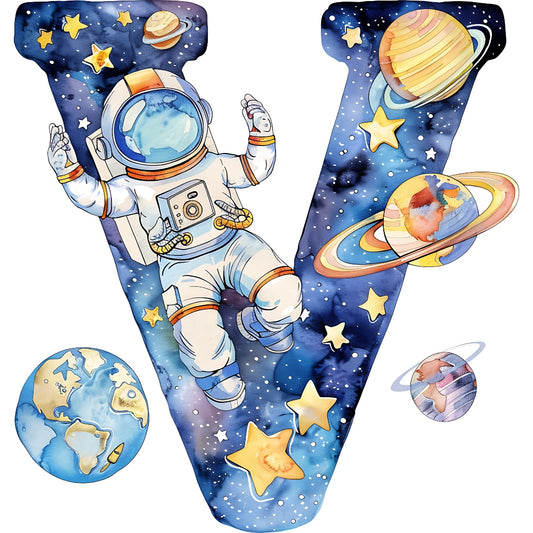 Space Alphabet Letter V Fabric Panel features an astronaut floating among stars and planets in a cosmic design.