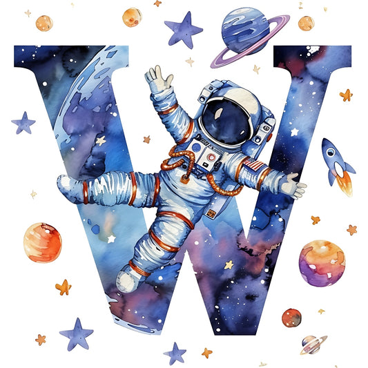 Space Alphabet Letter W Fabric Panel featuring an astronaut and planets on premium quilting cotton printed in the USA