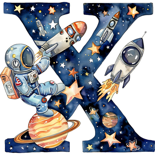Space Alphabet Letter X Fabric Panel featuring astronaut, rockets, planets, and stars on premium quilting cotton printed in the USA.