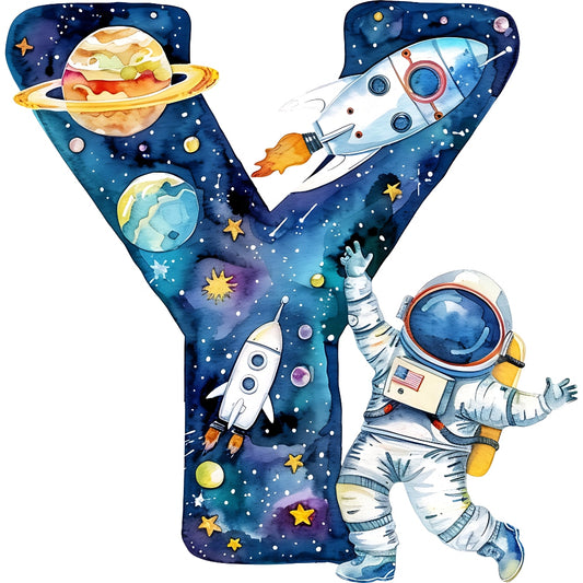 Space Alphabet Letter Y Fabric Panel featuring a vibrant space theme with rockets, planets, stars, and an astronaut in premium quilting cotton.