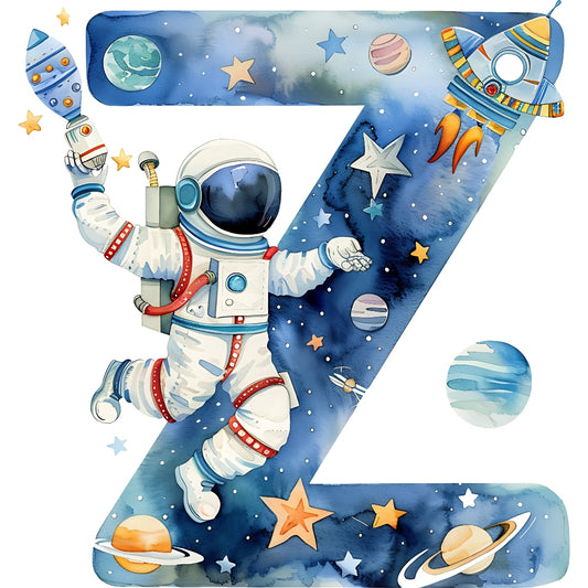 Space Alphabet Letter Z Fabric Panel with astronaut, planets, and rocket on blue starry quilting cotton background.