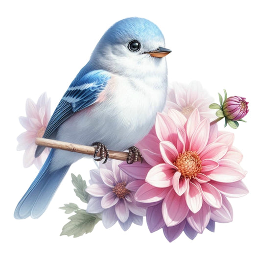 Spring Birds and Flowers Fabric Panel 10 featuring a detailed blue bird perched on a branch with vibrant pink and purple flowers.