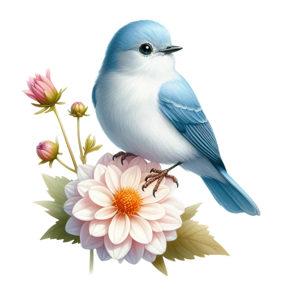 Spring Birds and Flowers Fabric Panel 12 features a detailed blue bird perched on soft pink flowers printed on premium quilting cotton.