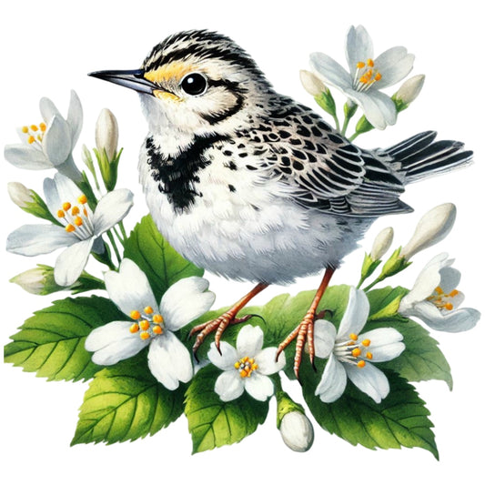 Spring Birds and Flowers Fabric Panel 13 featuring a detailed bird perched among white flowers and green leaves on premium quilting cotton.