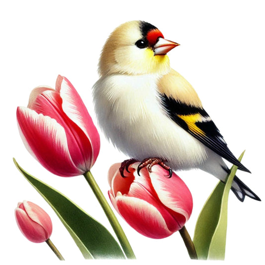 Spring Birds and Flowers Fabric Panel 18 featuring a detailed bird perched on vibrant red tulips with green leaves.