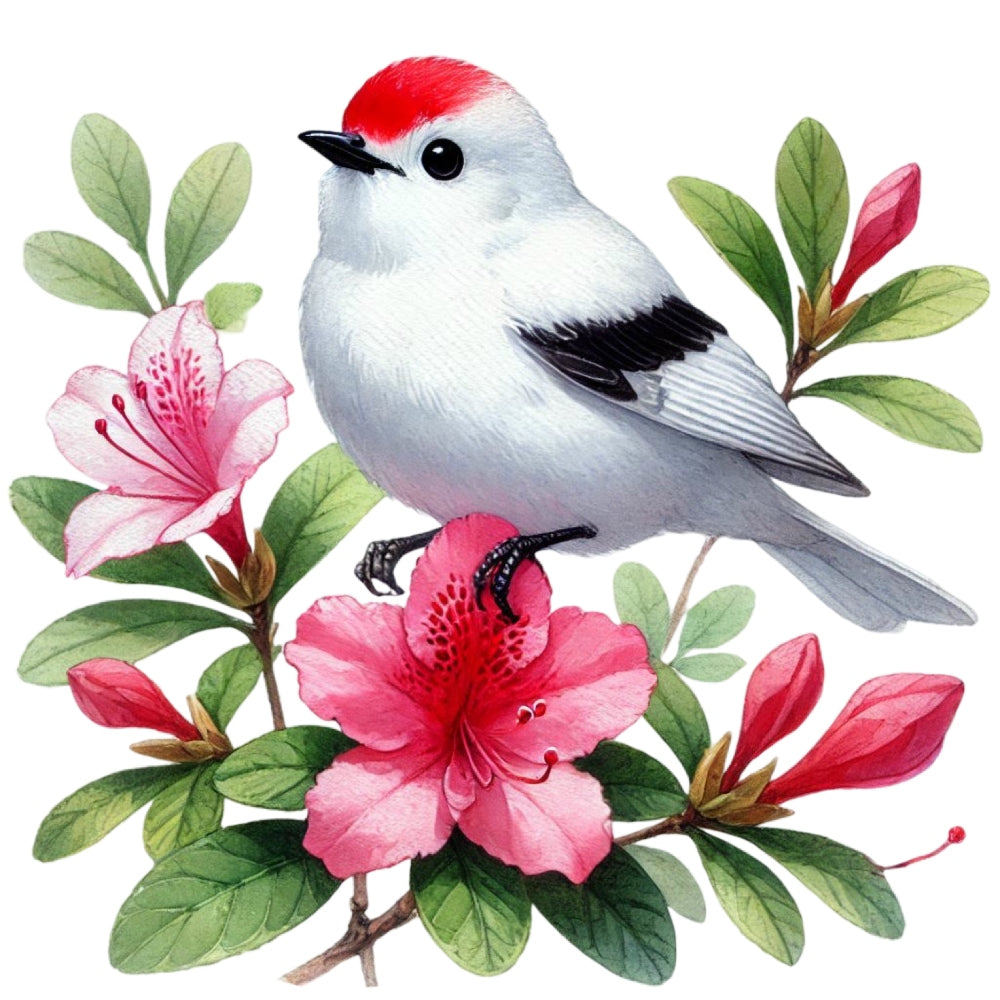 Spring Birds and Flowers Fabric Panel 19 featuring a white bird with red head perched on pink blossoming flowers and green leaves.