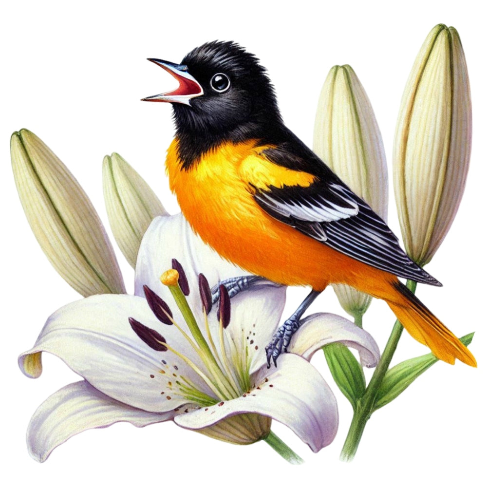 Spring Birds and Flowers Fabric Panel 8 featuring a vibrant orange and black bird perched on white lilies with unopened buds.