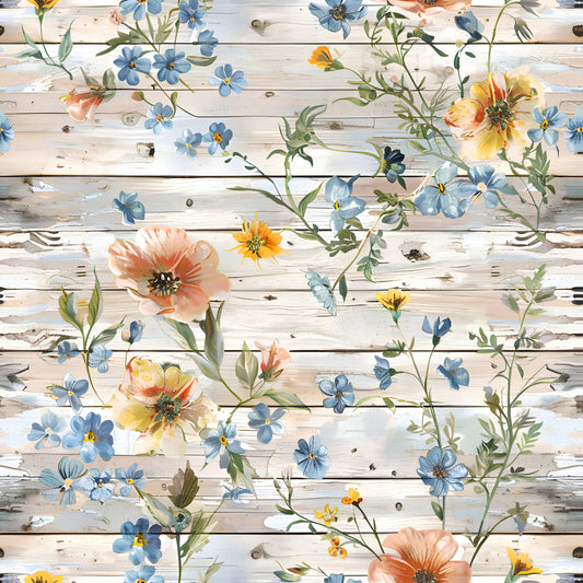Spring Flowers Rustic Wood Background Pattern 1 Quilting Cotton Fabric