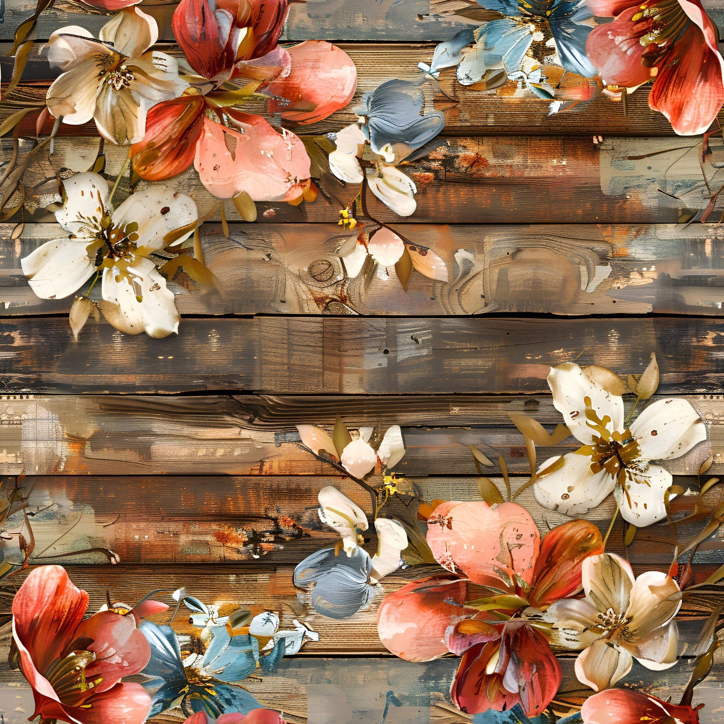 Spring Flowers Rustic Wood Background Pattern 4 Quilting Cotton Fabric