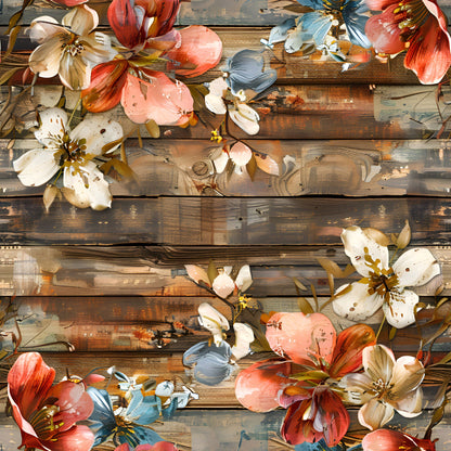 Spring Flowers Rustic Wood Background Pattern 4 Quilting Cotton Fabric