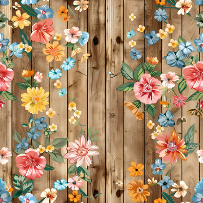 Spring Flowers Rustic Wood Background Pattern 5 Quilting Cotton Fabric