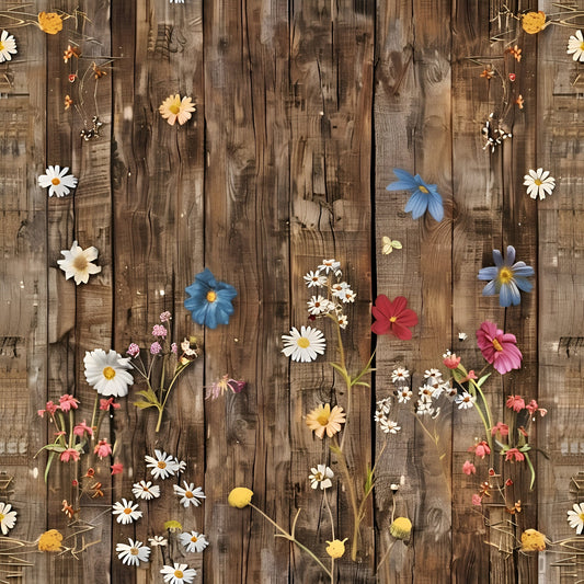 Spring Flowers Rustic Wood Background Pattern 6 Quilting Cotton Fabric