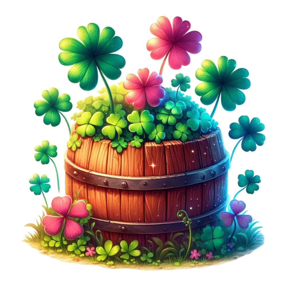 St. Patrick's Day Elements Fabric Panel 1 features colorful clovers sprouting from a wooden barrel with vibrant green and pink hues.