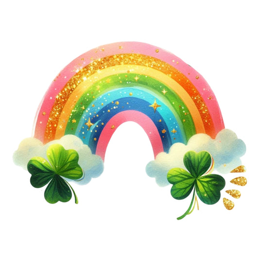 St. Patrick's Day Elements Fabric Panel 10 featuring a vibrant rainbow with gold glitter accents and green shamrocks on clouds.