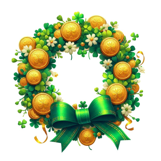 St. Patrick's Day Elements Fabric Panel 11 with decorative wreath of shamrocks, gold coins, white flowers, and a green bow