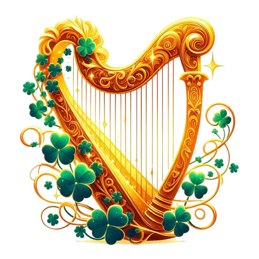 St. Patrick's Day Elements Fabric Panel 12 featuring a golden ornate harp adorned with green shamrocks and swirling vines.