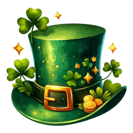 St. Patrick's Day Elements Fabric Panel 13 featuring a green leprechaun hat with shamrocks and gold coins illustration.