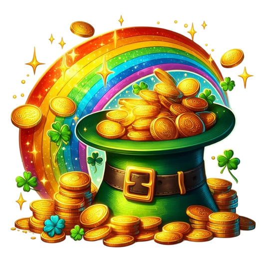 St. Patrick's Day Elements Fabric Panel 15 with a green leprechaun hat, gold coins, shamrocks, and a vibrant rainbow background.