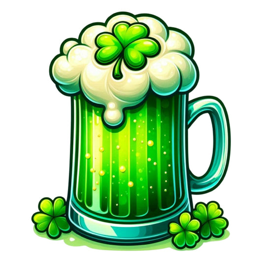 St. Patrick's Day Elements Fabric Panel 16 featuring a green beer mug with foam and shamrocks for festive quilting projects.