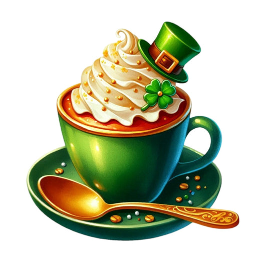 St. Patrick's Day Elements Fabric Panel 18 featuring a green cup with whipped cream, shamrock, and leprechaun hat design