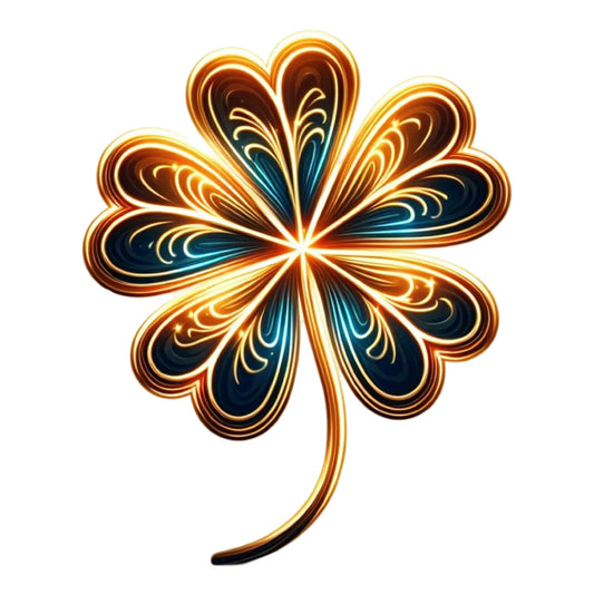 St. Patrick's Day Elements Fabric Panel 19 featuring a glowing, intricately designed four-leaf clover in gold and blue tones.