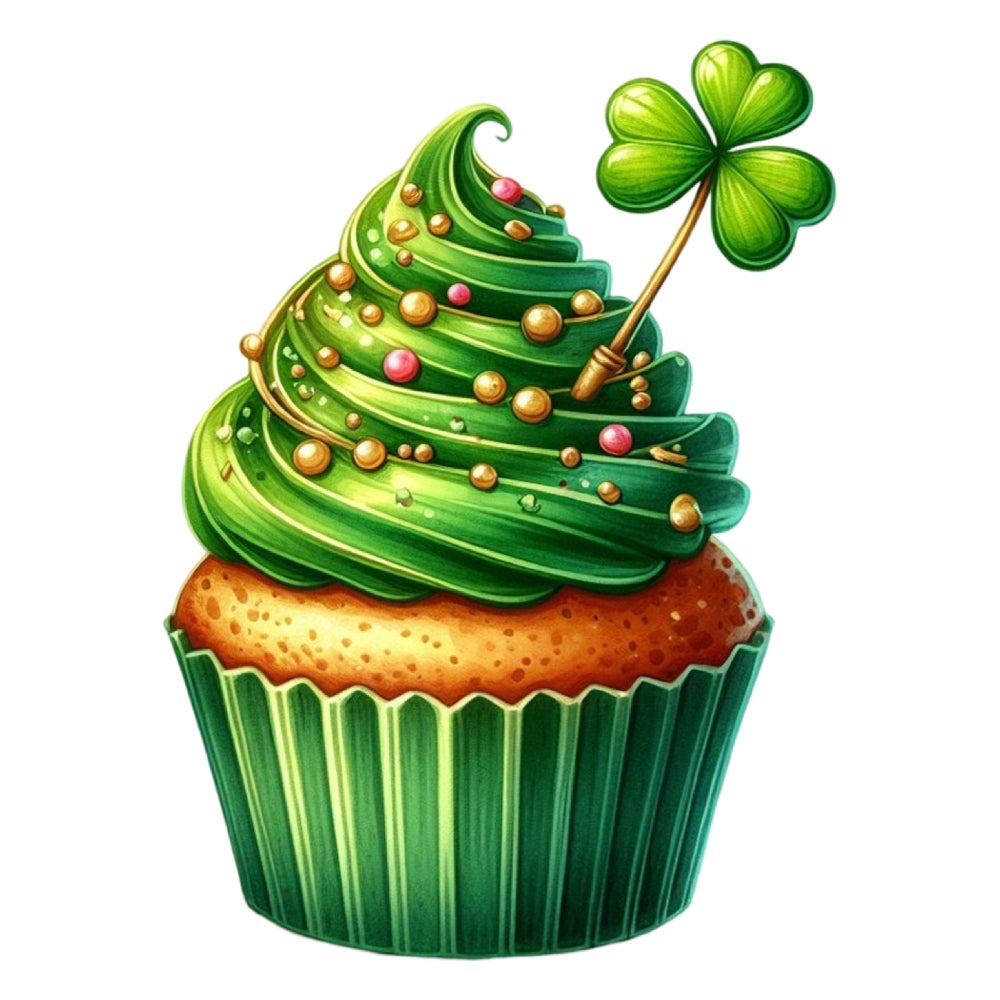 St. Patrick's Day Elements Fabric Panel 2 featuring a detailed green frosted cupcake with a clover decoration on premium quilting cotton.