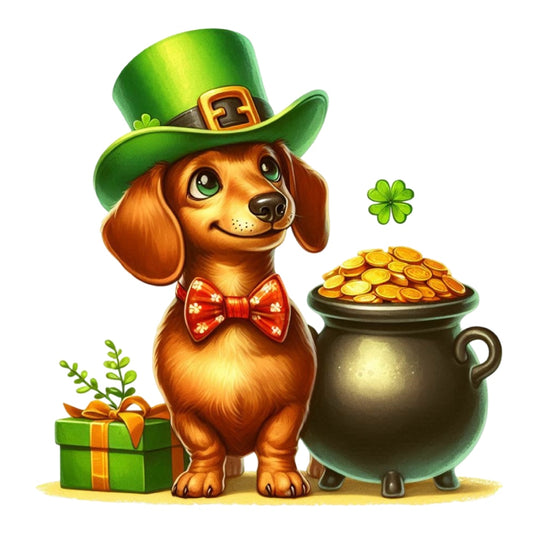 St. Patrick's Day Elements Fabric Panel 20 featuring a dog with a green leprechaun hat, bow tie, gold coins pot, and gift box.