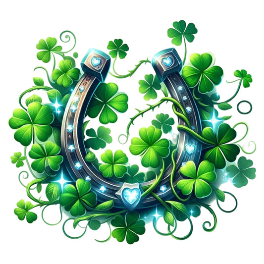 St. Patrick's Day Elements Fabric Panel 21 featuring a shiny horseshoe surrounded by vibrant green clovers and swirling vines.
