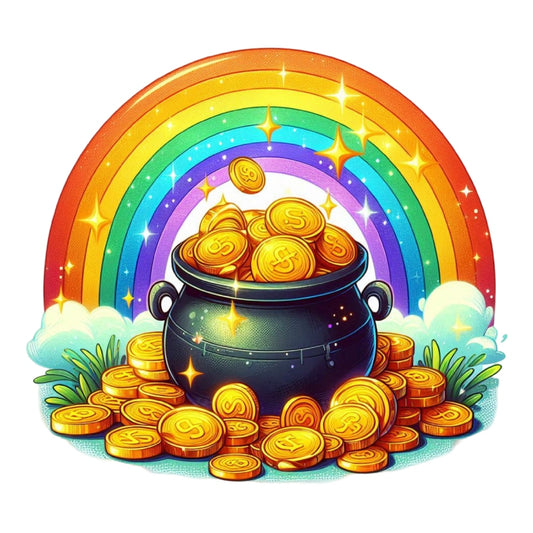 St. Patrick's Day Elements Fabric Panel 22 features a pot of gold coins under a vibrant rainbow with sparkling effects on premium cotton.