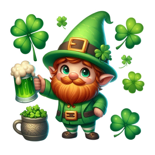 St. Patrick's Day Elements Fabric Panel 3 features a cute leprechaun holding a green beer mug surrounded by shamrocks.