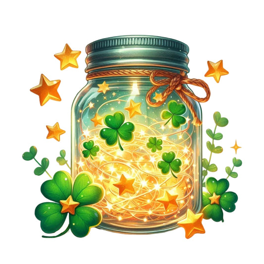 St. Patrick's Day Elements Fabric Panel 4 featuring glowing jar with shamrocks and gold stars on premium quilting cotton.