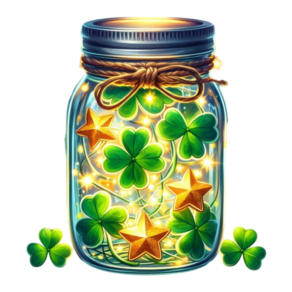 Decorative jar filled with glowing shamrocks and golden stars design for St. Patrick's Day Elements Fabric Panel 5.