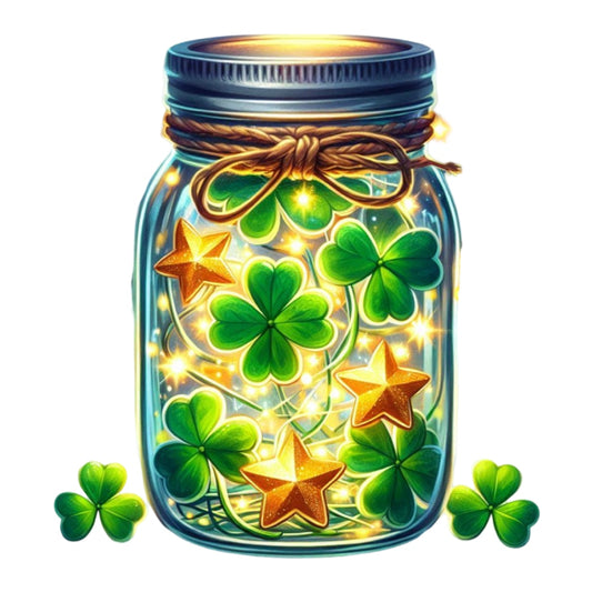 Decorative jar filled with glowing shamrocks and golden stars design for St. Patrick's Day Elements Fabric Panel 5.