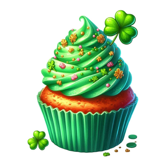 St. Patrick's Day Elements Fabric Panel 6 featuring a green frosted cupcake adorned with shamrock decorations on premium quilting cotton.