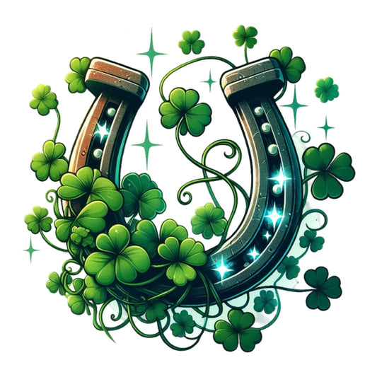 St. Patrick's Day Elements Fabric Panel 7 featuring a metallic horseshoe entwined with vibrant green four-leaf clovers.