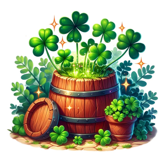 St. Patrick's Day Elements Fabric Panel 8 shows vibrant shamrocks growing from a wooden barrel and pot with sparkling accents.