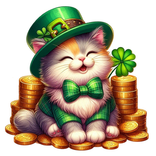 St. Patrick's Day Elements Fabric Panel 9 features a happy kitten in a green hat and bowtie surrounded by gold coins and shamrocks.