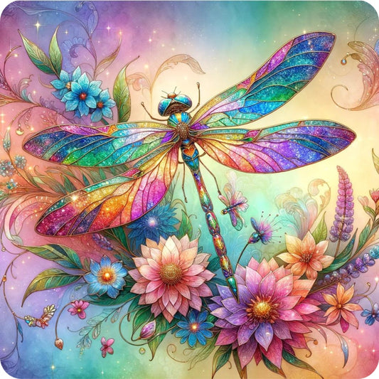 Stained Glass Dragonfly Florals Fabric Panel 1 featuring vibrant quilted cotton with colorful dragonfly and blooming flowers design.