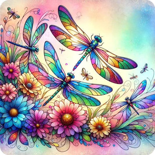 Stained Glass Dragonfly Florals Fabric Panel 2 featuring vibrant stained glass-style dragonflies and colorful floral designs on premium cotton.