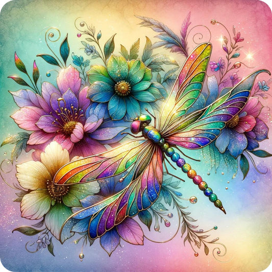 Stained Glass Dragonfly Florals Fabric Panel 3 featuring vibrant rainbow dragonfly and colorful flowers on premium quilting cotton.