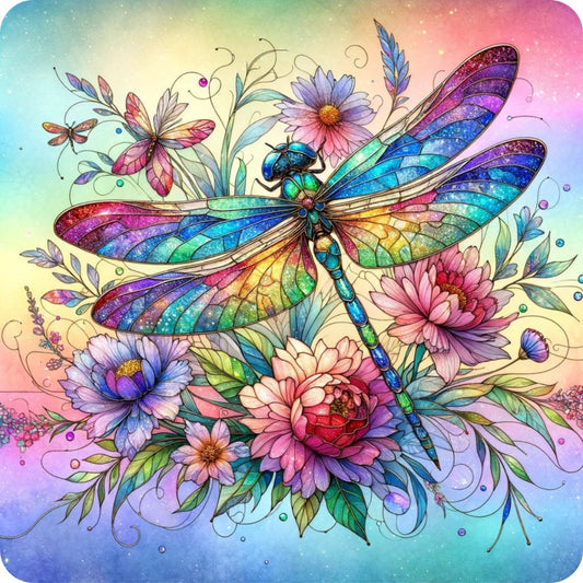 Stained Glass Dragonfly Florals Fabric Panel 4 features a colorful dragonfly with vibrant flowers on premium quilting cotton.